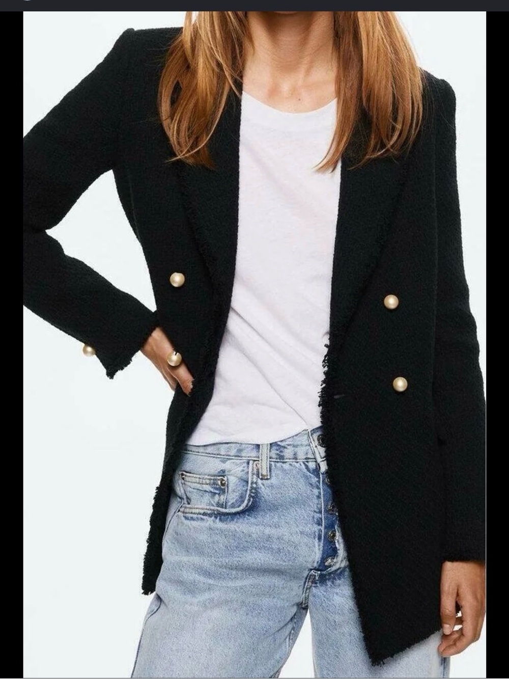Mango Black Double-Breasted Tweed Blazer with Gold Buttons - Picture 3 of 7